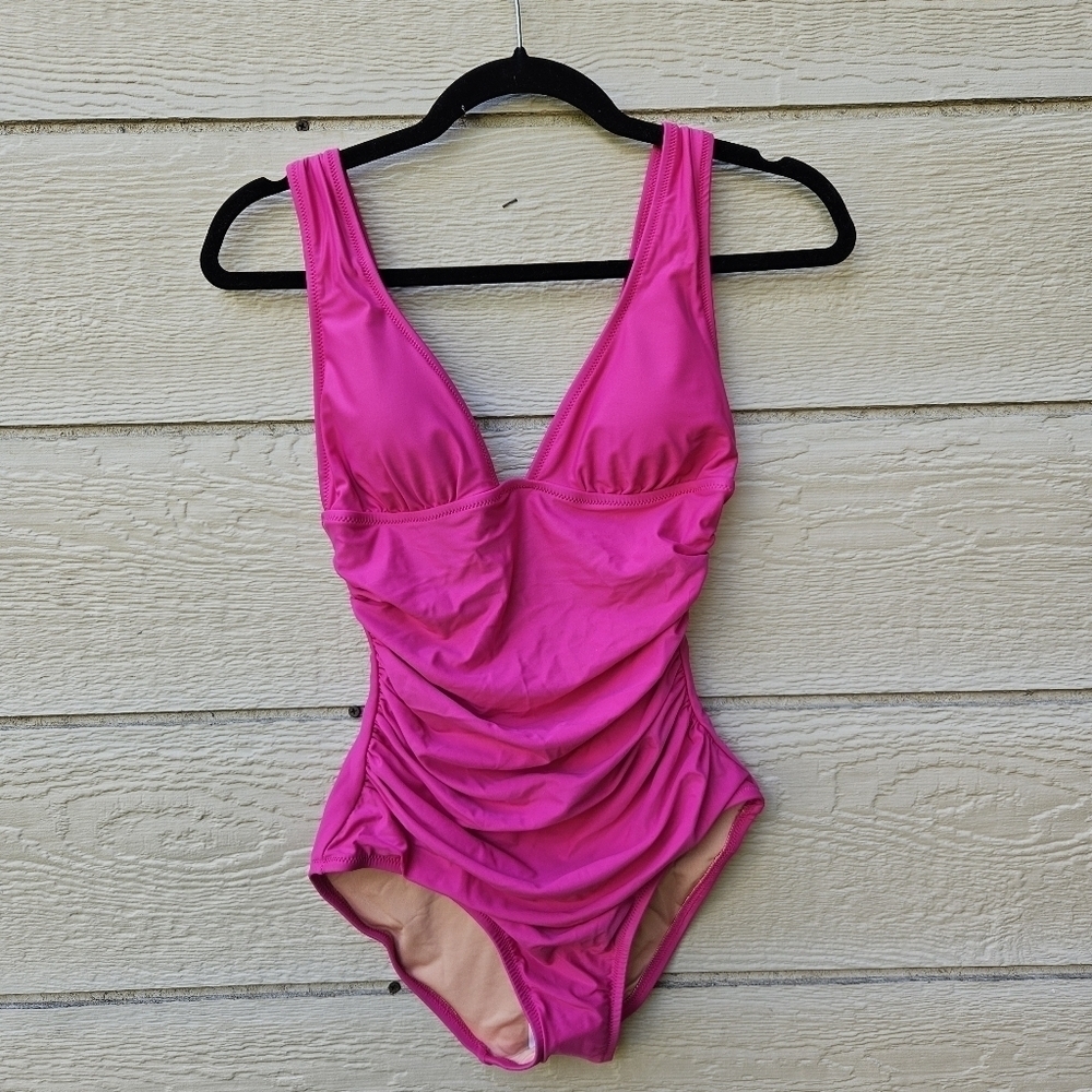 NWT J. Crew hot pink ruched v-neck one piece swimsuit size 2